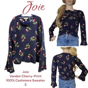 Joie Varden Cherry-Print Cashmere Sweater crewneck  flare cuff women's navy S